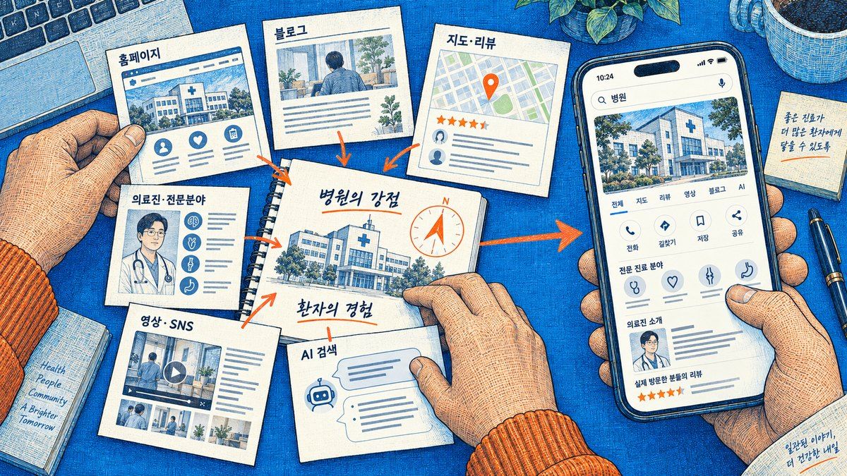 책상 위에 홈페이지·블로그·지도와 리뷰·의료진 소개·영상과 SNS·AI 검색 화면을 그린 카드가 흩어져 있고, 가운데 노트에 '병원의 강점'과 '환자의 경험'으로 정리된다. 그 결과가 오른쪽 휴대폰의 병원 검색 화면으로 이어진다.